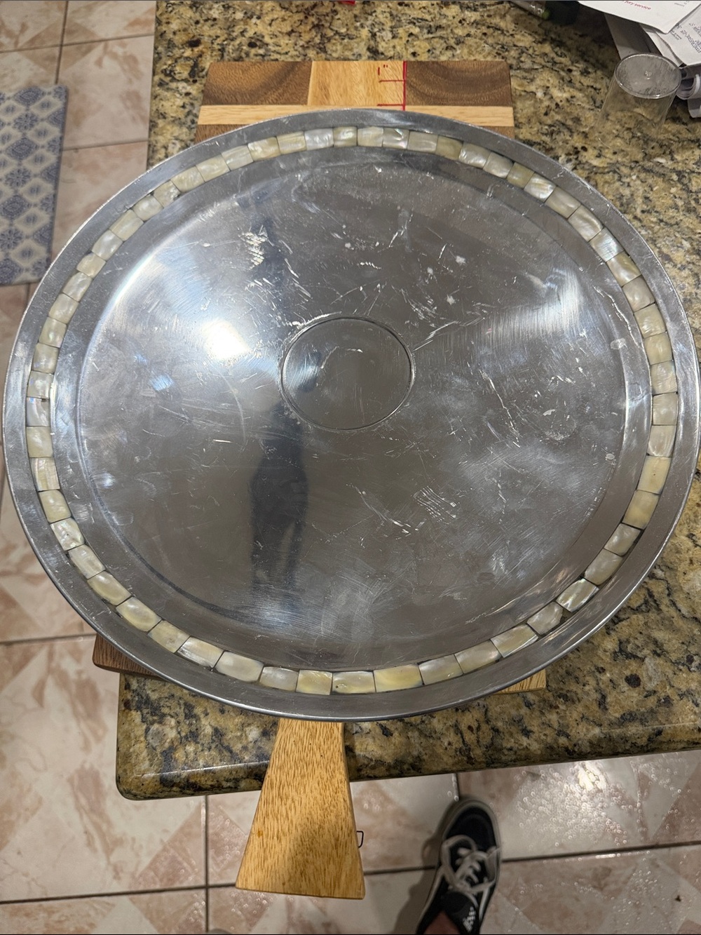 Towle Silver Round Platter with Mother-of-Pearl Inlay